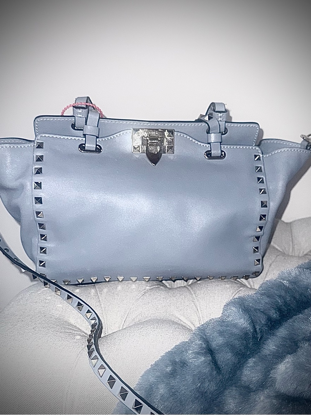 Valentino Garavani Denim Blue Rockstud Trapeze Tote Bag  Champagne